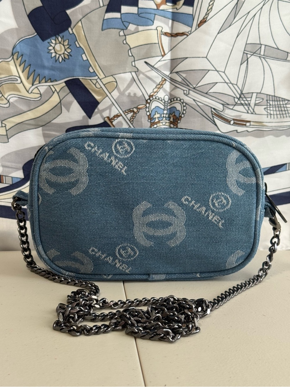 CHANEL Denim Logo Camera Crossbody Bag with Gunmetal Chain